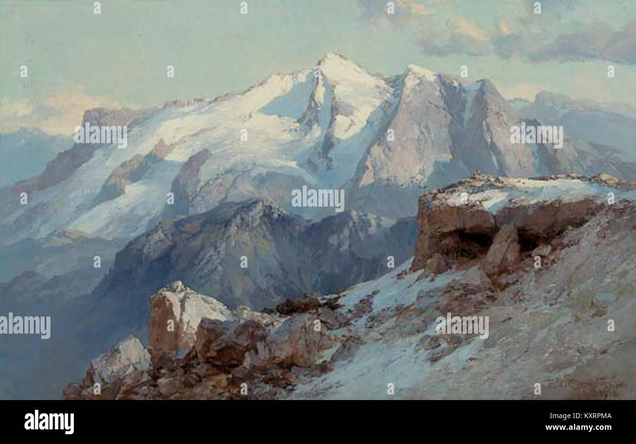 Photographie d’Edward Theodore Compton en 1918 montrant la vue du pic Boé vers Marmolada, capturant le paysage alpin et les caractéristiques géologiques des Dolomites. Banque D'Images