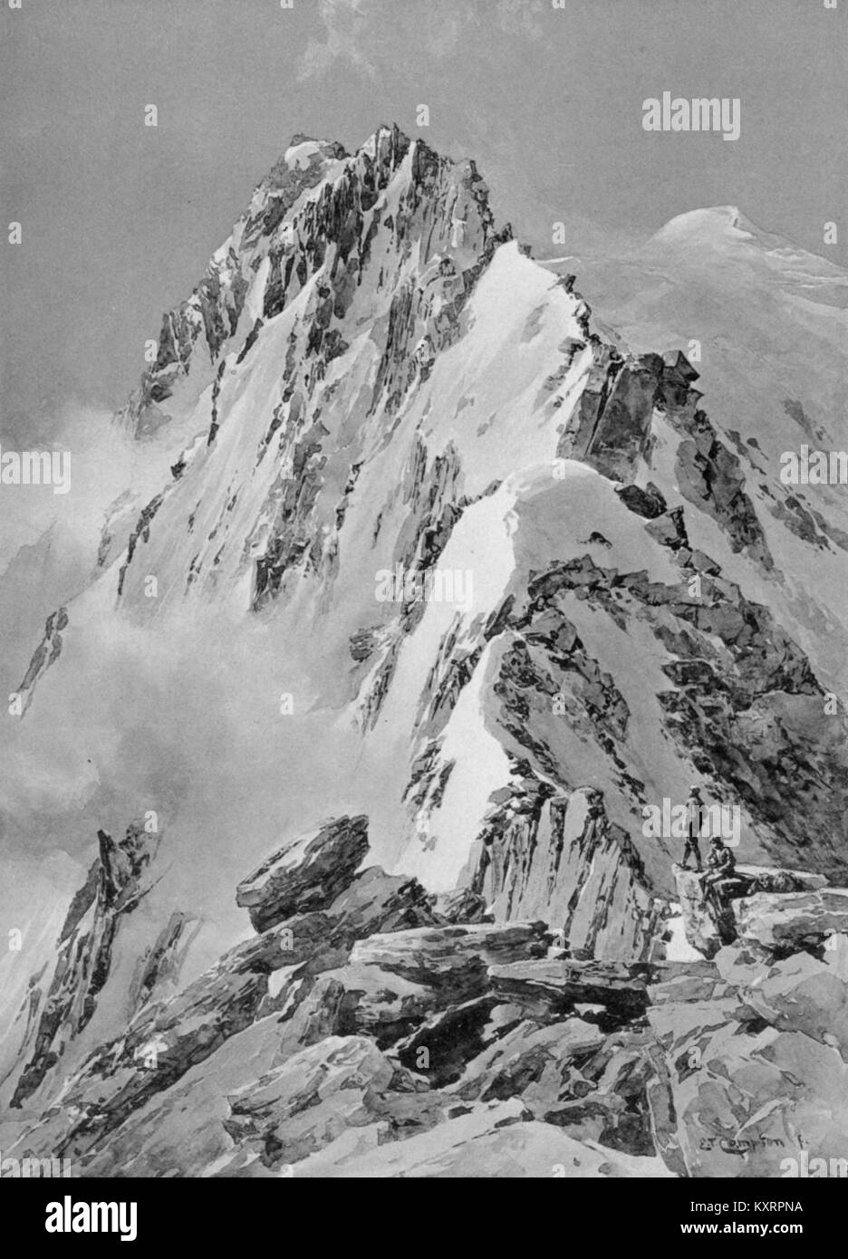Photographie d'Edward Theodore Compton de 1904 montrant la crête nord de la montagne Weißmies, prise de derrière la première tour rocheuse, illustrant la topographie alpine. Banque D'Images