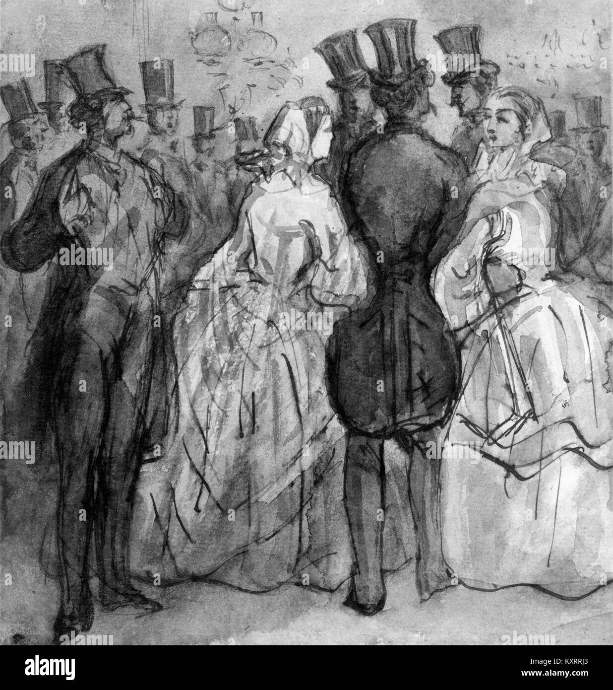 « At the Theater » de Constantin Guys dépeint une scène sociale du XIXe siècle dans un décor théâtral, mettant en valeur la mode, le mouvement et l’atmosphère des loisirs urbains à travers des illustrations expressives. Banque D'Images