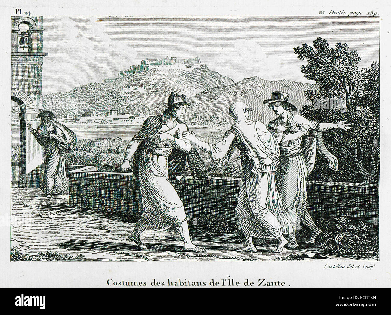 'Costumes des habitans de l'île de Zante' d'Antoine-Laurent Castellan est une illustration détaillée des costumes traditionnels portés par les habitants de Zante (Zakynthos) au début du XIXe siècle. Il offre un aperçu de la culture insulaire grecque. Banque D'Images