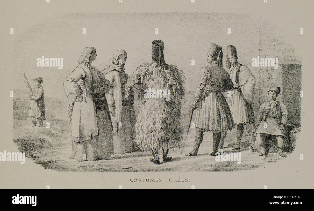 Illustration du XIXe siècle réalisée par Étienne Rey à partir de 1867 représentant des costumes grecs traditionnels, mettant en valeur des vêtements régionaux et des détails de conception représentatifs du patrimoine culturel grec. Banque D'Images