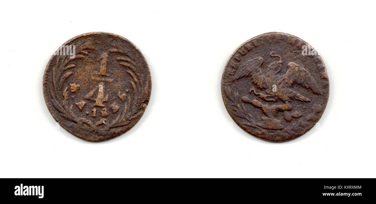 La pièce de cuartilla mexicaine 1835 montre des marques d'aigle avers et de dénomination inversée, frappées en cuivre sous la première République fédérale, illustrant la monnaie mexicaine du XIXe siècle Banque D'Images