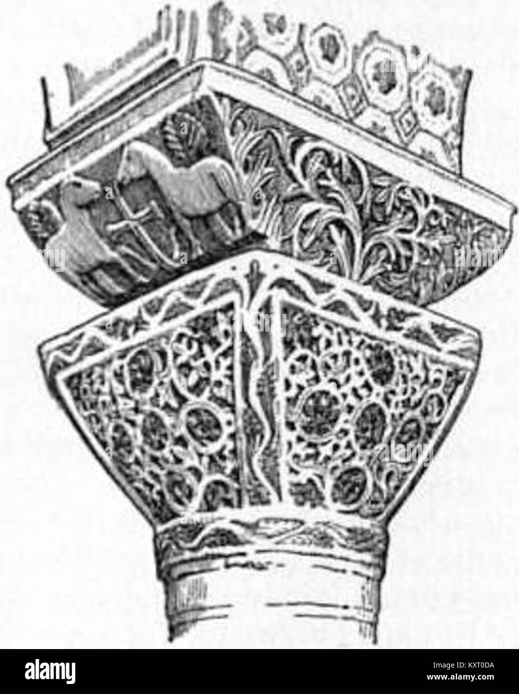 Une illustration détaillée de l'édition de 1911 de l'Encyclopaedia Britannica montrant la capitale byzantine de l'église San vitale à Ravenne, en Italie, mettant en valeur l'architecture byzantine Banque D'Images