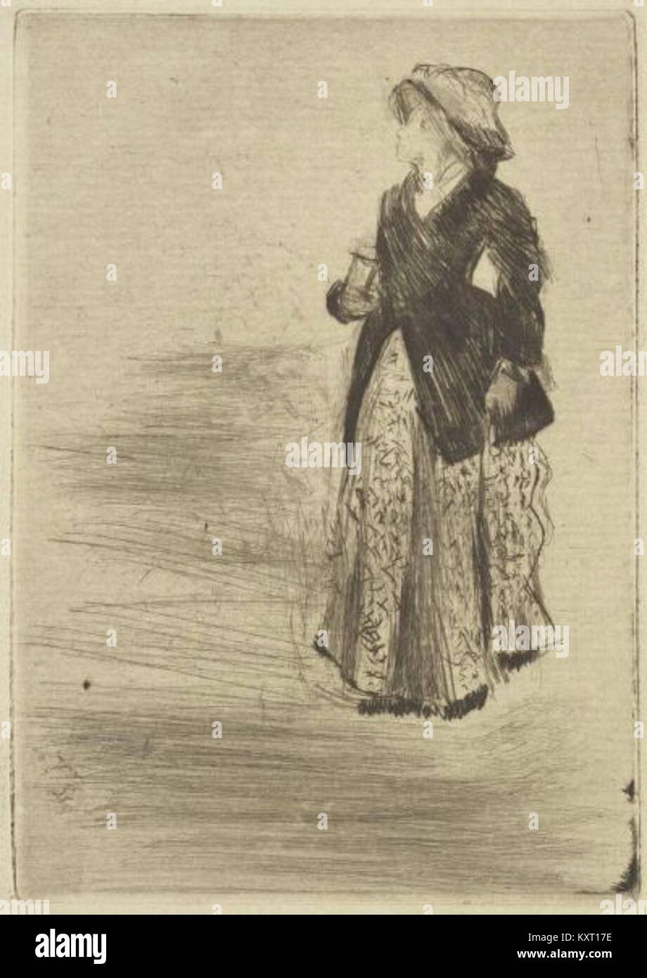 Imprimé d’Edgar Degas (1879) intitulé « L’actrice Ellen Andrée » représente l’actrice française Ellen Andrée de profil, exécutée comme une pointe sèche sur du papier versé avec la gardienne posée dans une robe simple sur un fond Uni. Banque D'Images