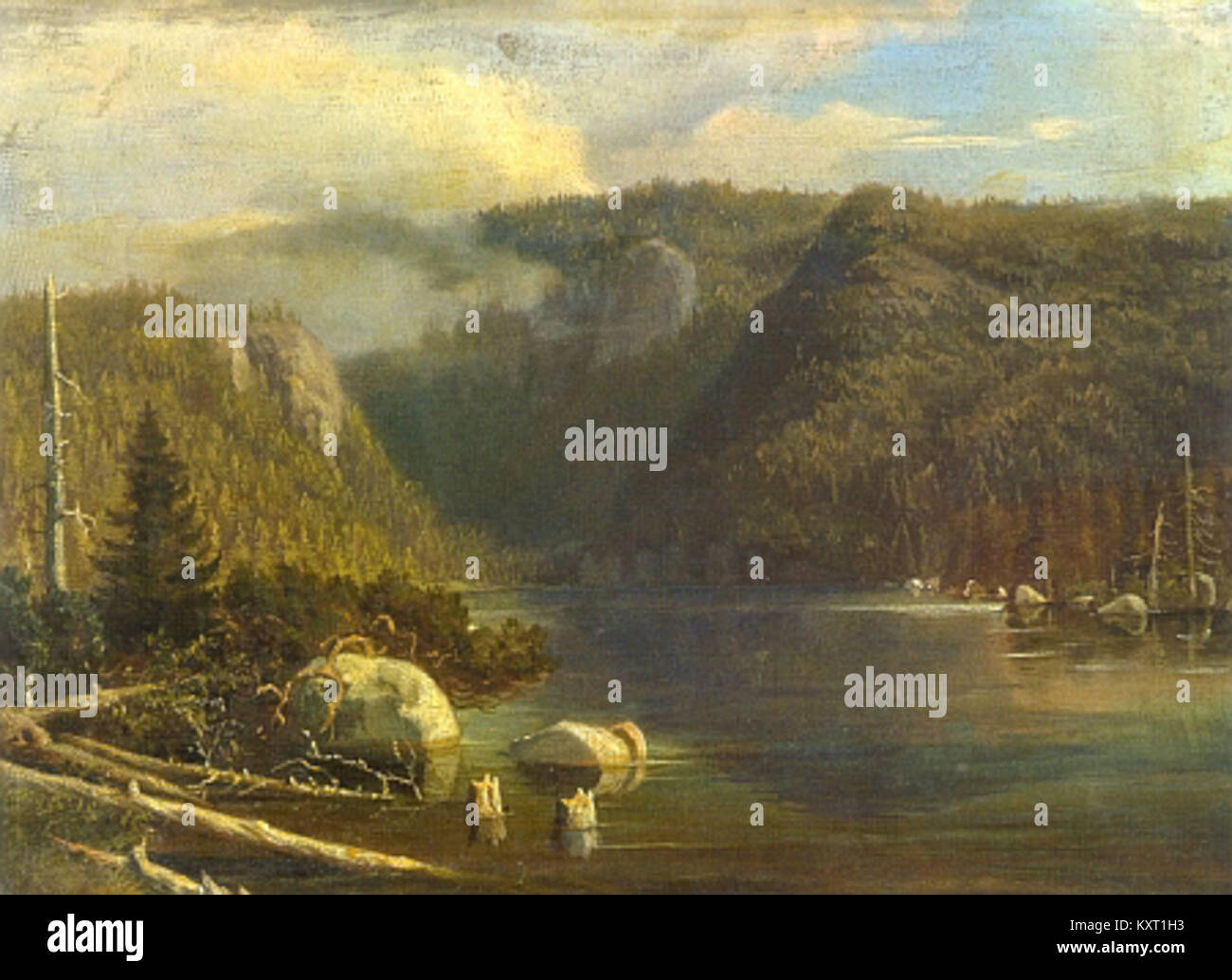 Œuvre d'Eduard Herold intitulée 'Černé jezero' (Lac Noir), créée vers 1860, représentant un paysage bohème avec un lac entouré de collines boisées. Banque D'Images