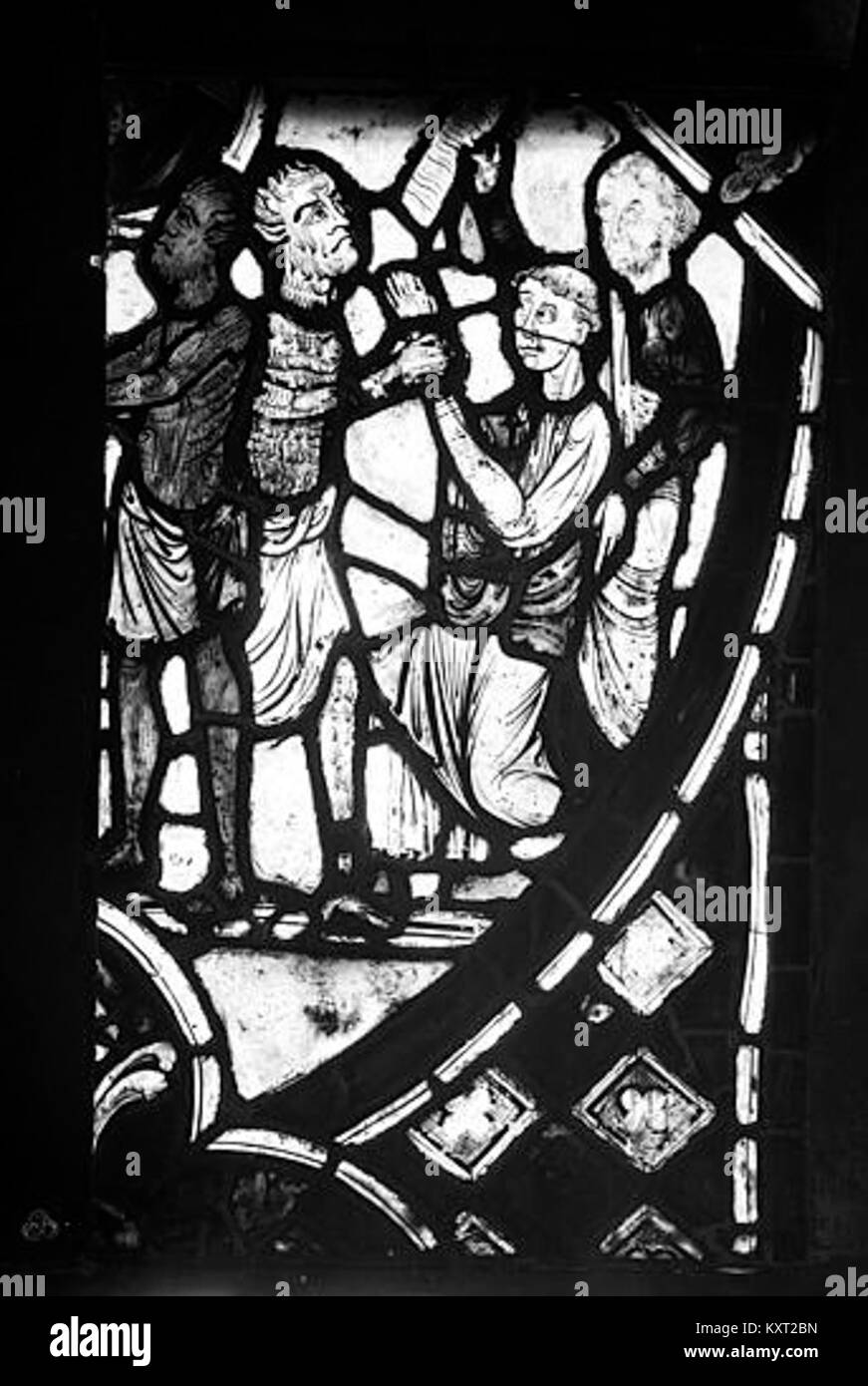 Image de vitraux de l’église de Boissy-Saint-léger, en France, archivée par la Médiathèque de l’architecture et du patrimoine, montrant une verrerie complexe et une iconographie religieuse. Banque D'Images