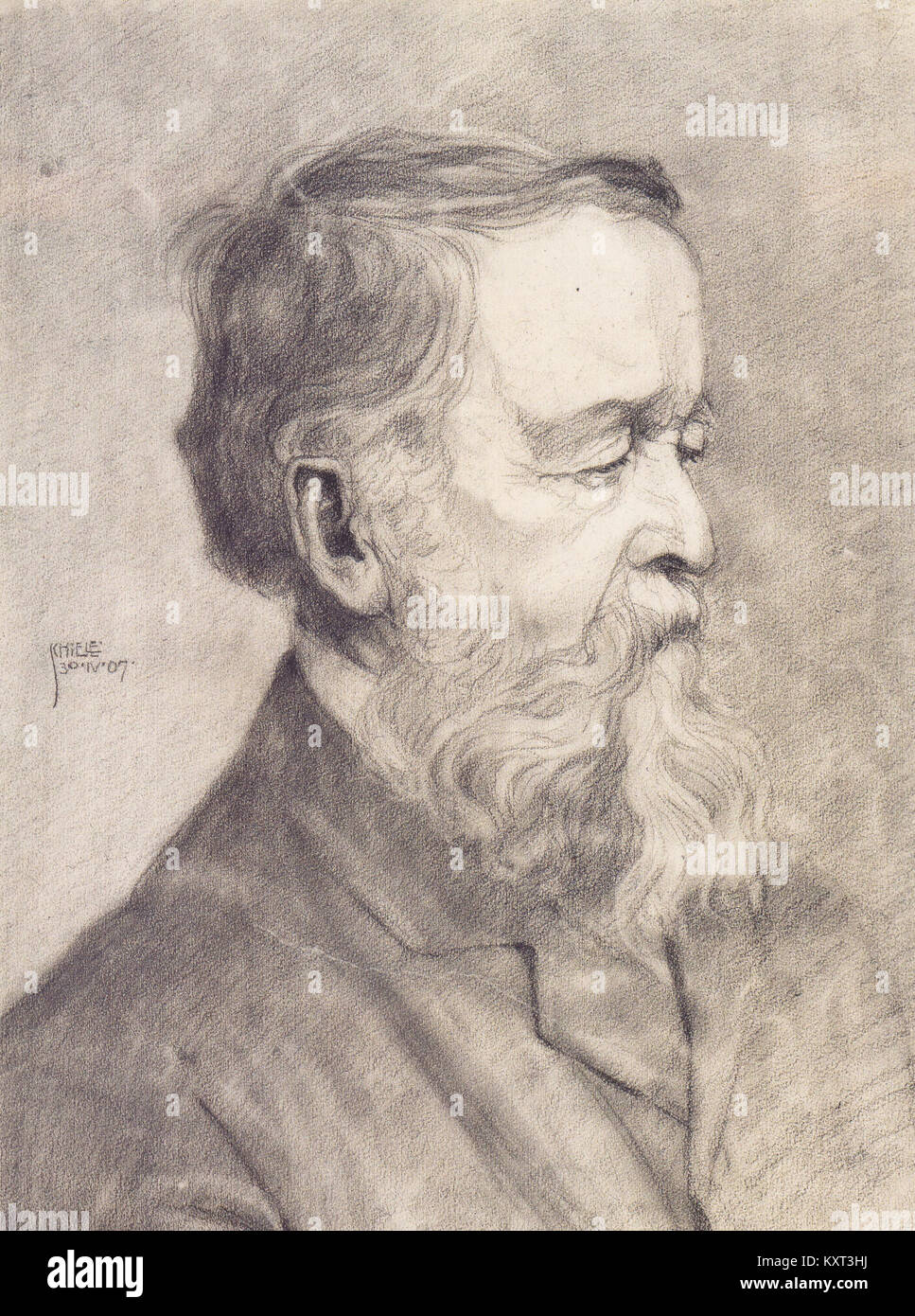Ce portrait d’Egon Schiele, réalisé en 1907, montre un homme barbu. Le style expressionniste distinctif de Schiele est évident dans les lignes nettes et l'intensité émotionnelle de la figure. Banque D'Images