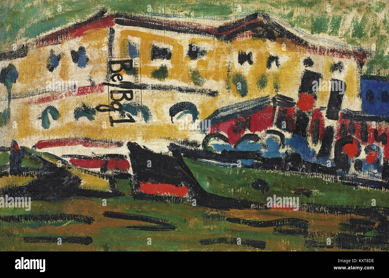 Cette œuvre d'Ernst Ludwig Kirchner, 'Elbkühne vor gelben Häusern', créée en 1909, capture l'essence de l'expressionnisme avec ses couleurs vives et son intensité émotionnelle, représentant la ligne d'horizon de Dresde. Banque D'Images