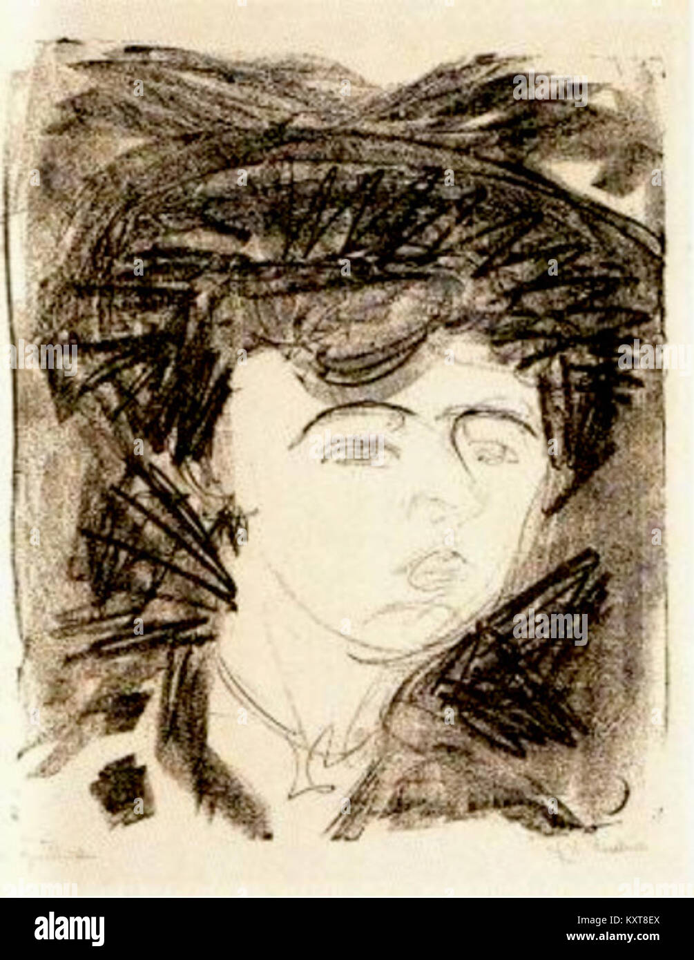 'Visionärer Kopf' (tête visionnaire) d'Ernst Ludwig Kirchner, créé en 1908, capture le portrait abstrait et émotionnel d'une figure. Cette pièce illustre l’expressionnisme allemand et reflète l’intensité émotionnelle de l’époque. Banque D'Images