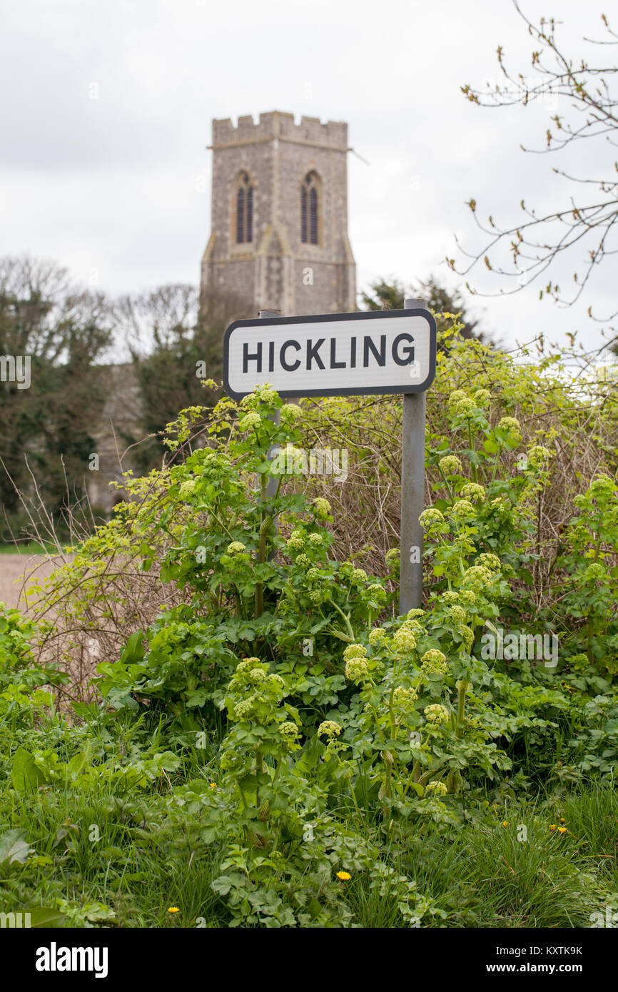 Route de village signe avec l'église Sainte Marie de l'arrière-plan. VILLAGE HICKLING, Norfolk, Broadland. L'East Anglia. ENGLAND UK. Remarque Alexanders vert frais Banque D'Images