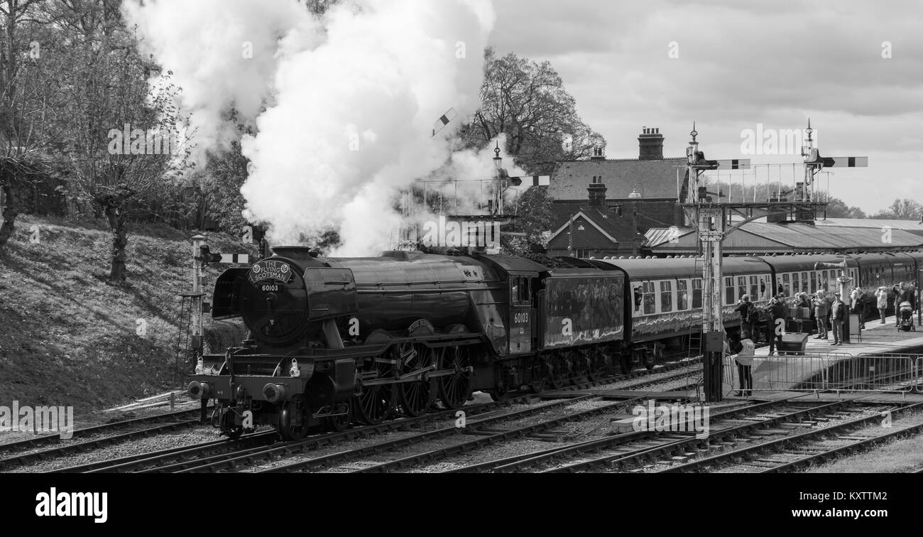 The Flying Scotsman part Horsted Keynes Station avec BR stock au Bluebell Railway. Banque D'Images