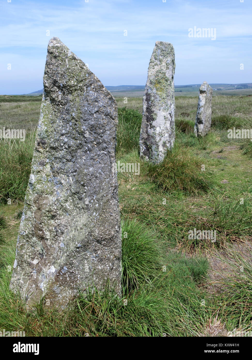 Neuf jeunes filles à l'âge du Bronze Stone Circle ou Boskednan Stone Circle, Nr Madron, Péninsule de Penwith, Cornwall, England, UK Banque D'Images