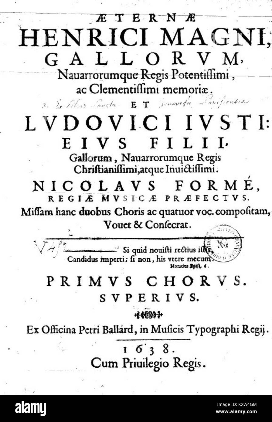 Une composition musicale de 1638 intitulée 'formé Missa 2ch', représentant une messe à deux chœurs typique de la musique sacrée baroque primitive. Banque D'Images