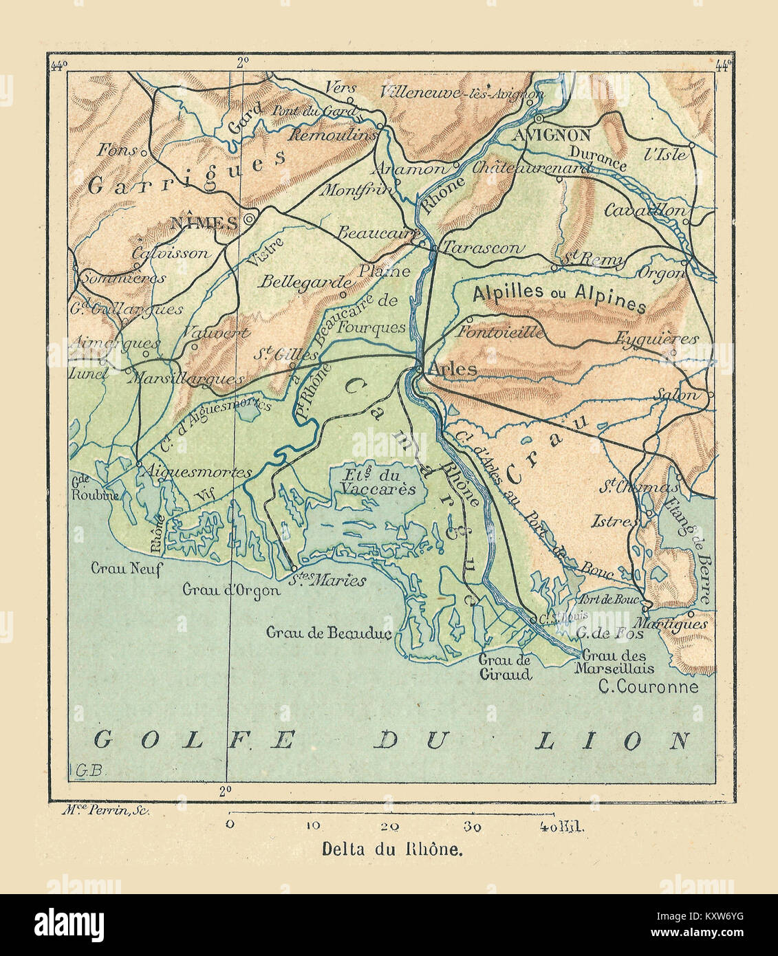 Un timbre à 1894 de la série France & colonies, représentant le delta de la rivière Rhône. Le timbre souligne l'importance géographique et culturelle du fleuve en France. Banque D'Images