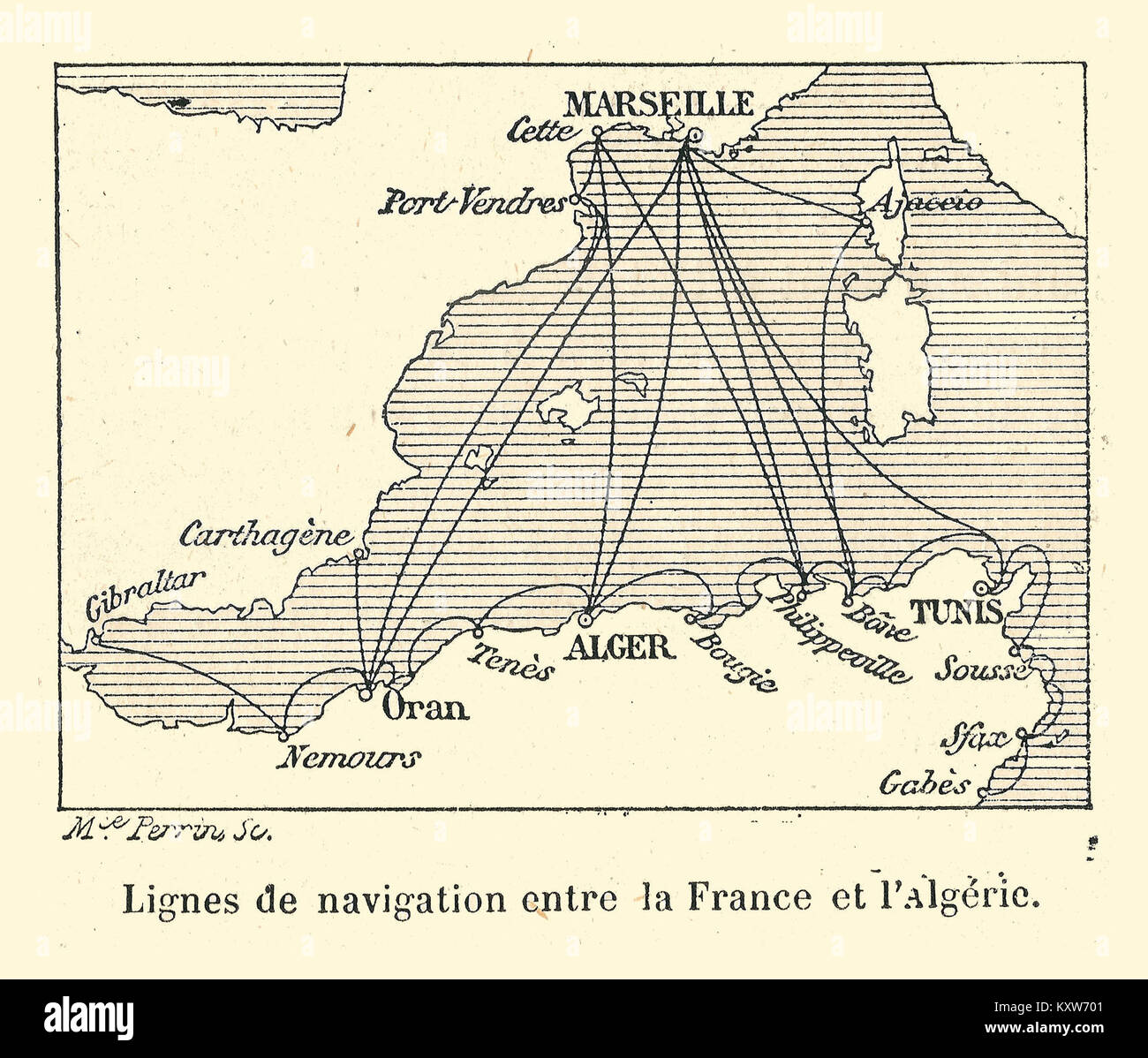 Une carte de 1894 montrant les routes maritimes reliant la France et l’Algérie à travers la Méditerranée, mettant en évidence les réseaux de commerce, de communication et de transport colonial de l’époque. Banque D'Images