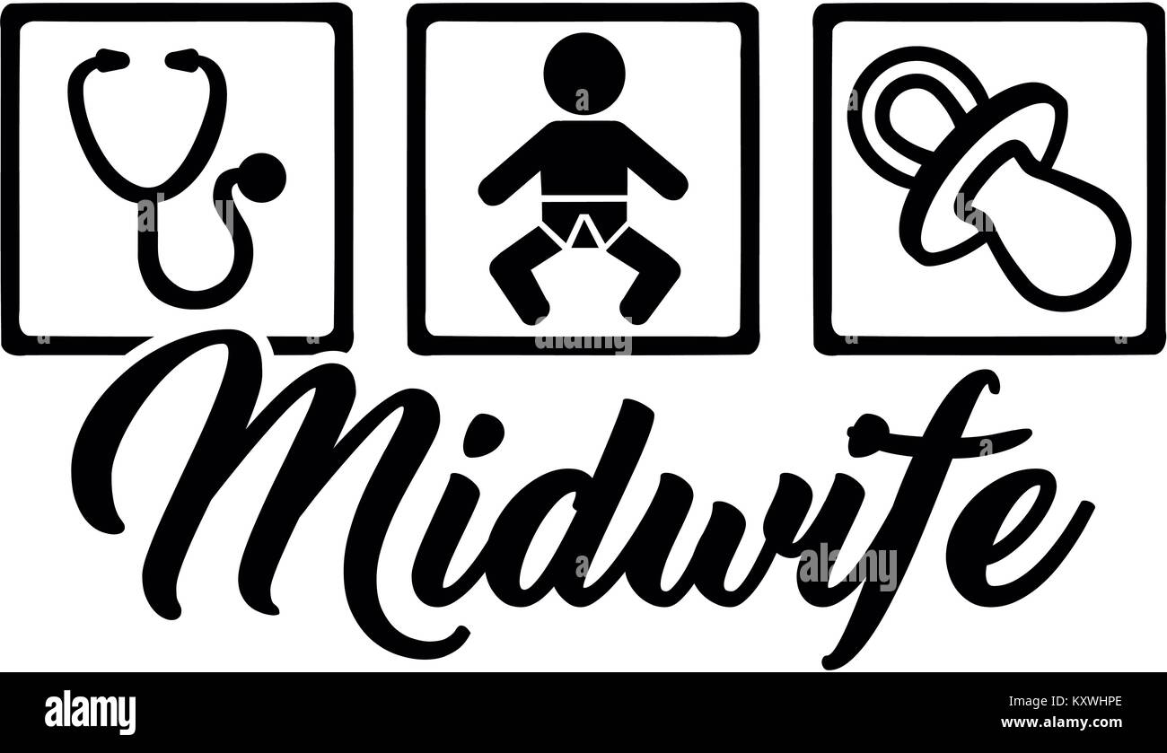 Pour les icônes avec stéthoscope, sage-femme et bébé mannequin babys et titre d'emploi Banque D'Images