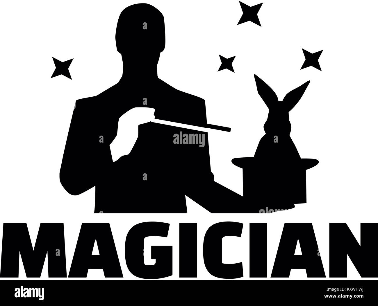 Silhouette d'un magicien fait un tour de magie avec bunny et wand et titre d'emploi Banque D'Images
