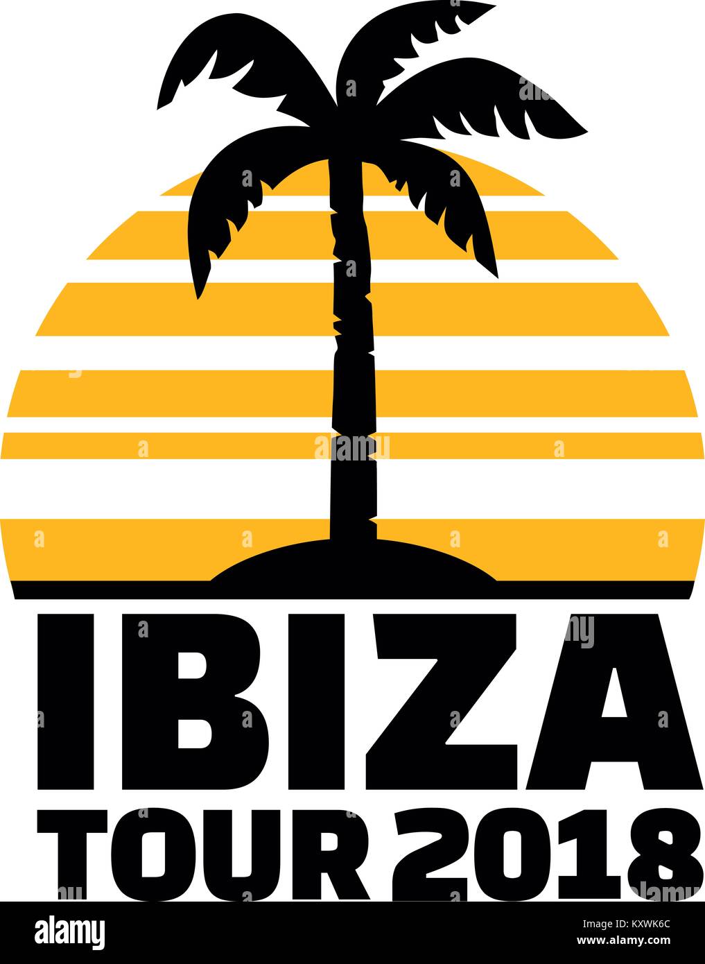 Ibiza Tour 2018 avec palmier et le coucher du soleil Banque D'Images