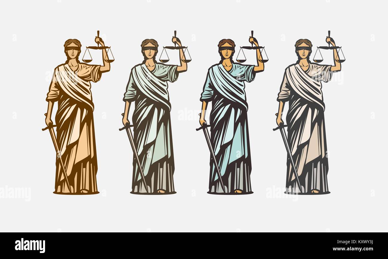 Procès, le juge symbole. Dame justice, jugement, la défense justitia concept vintage vector Illustration de Vecteur