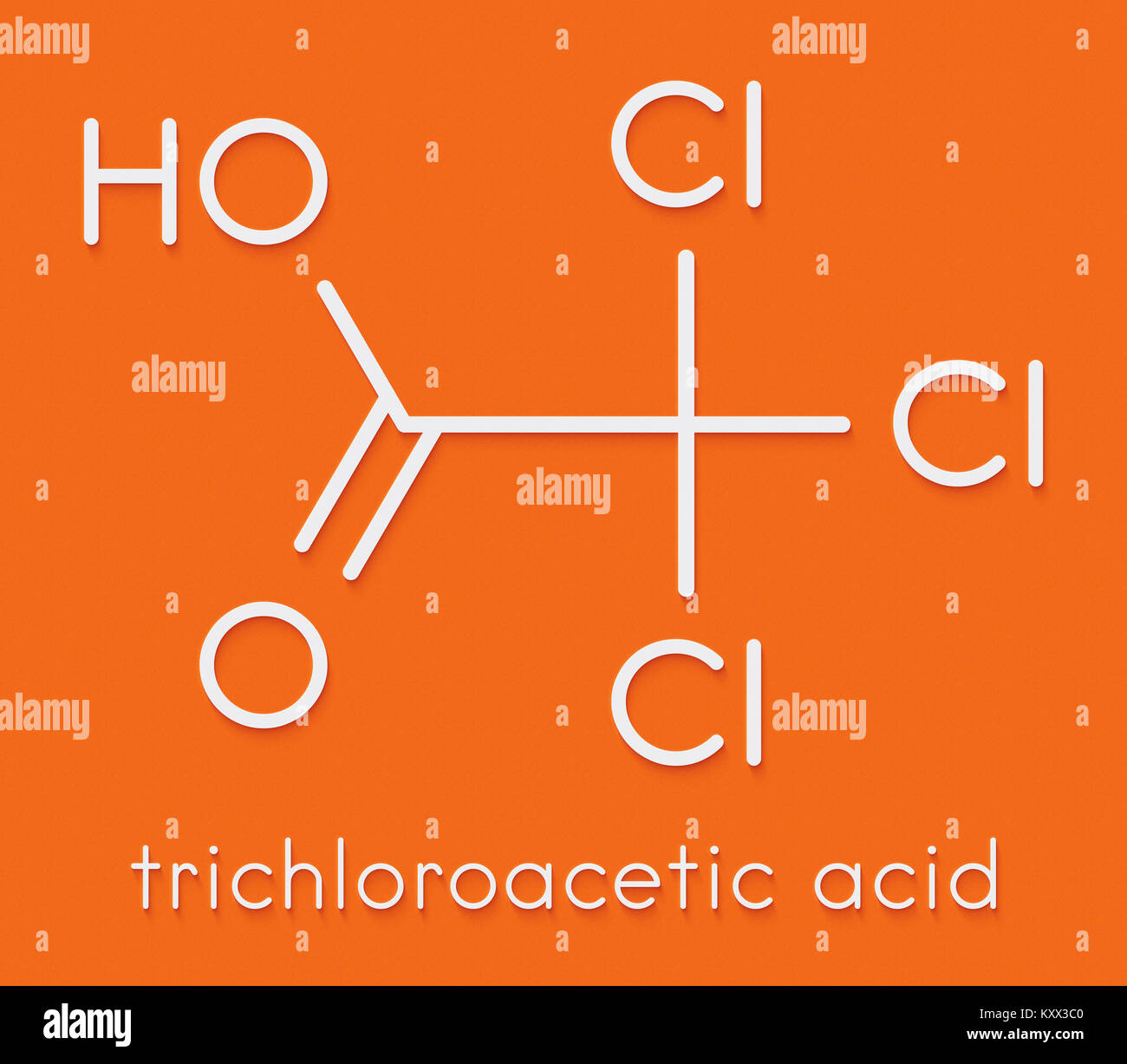 L'acide trichloroacétique (TCA) molécule. Utilisé dans le traitement des verrues et dermatologiques liés d'états de peau. Formule topologique. Banque D'Images