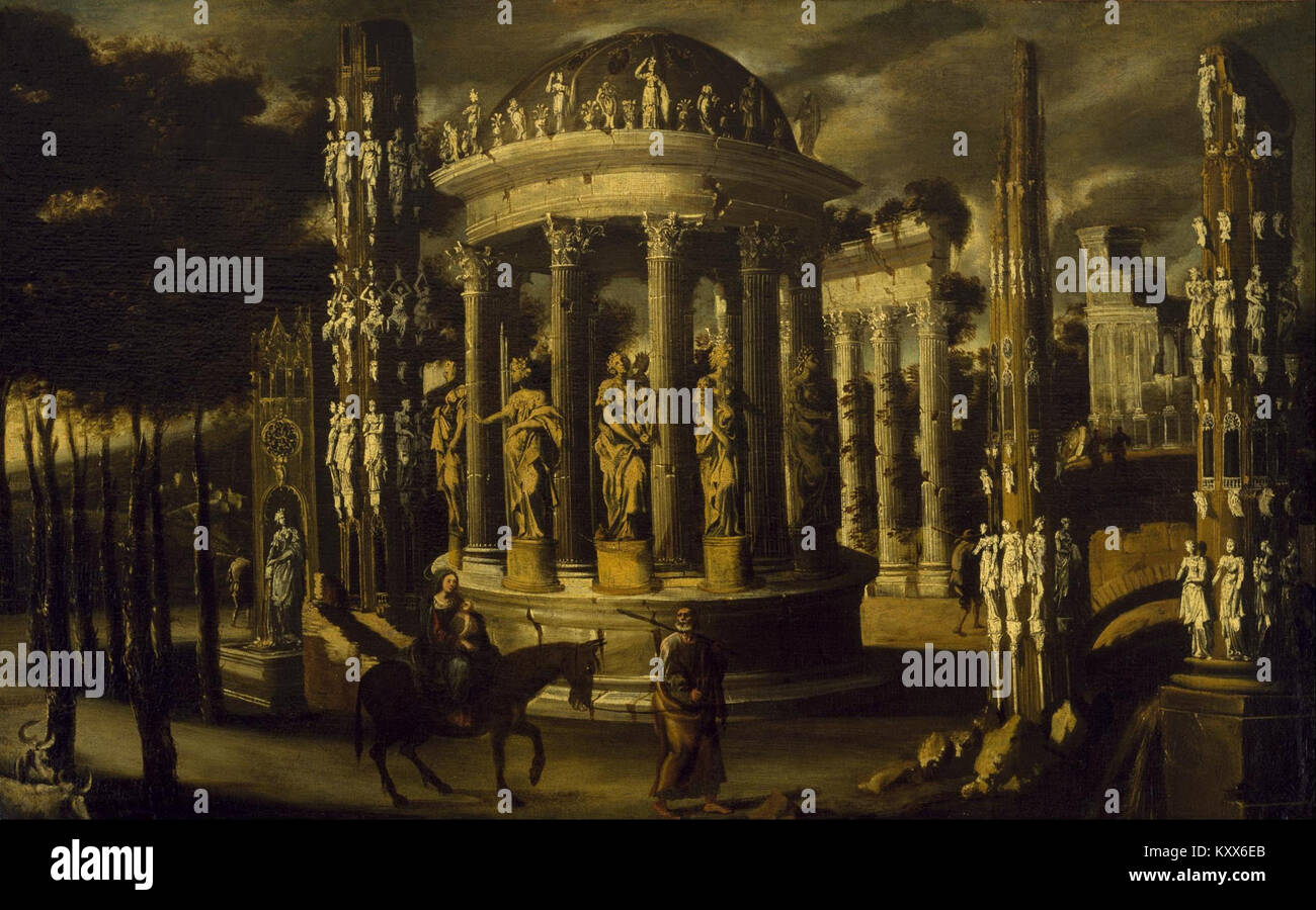 Peinture de François de Nomé représentant « la fuite en Égypte », montrant le voyage biblique de la Sainte famille avec un paysage et une architecture baroques spectaculaires. Banque D'Images