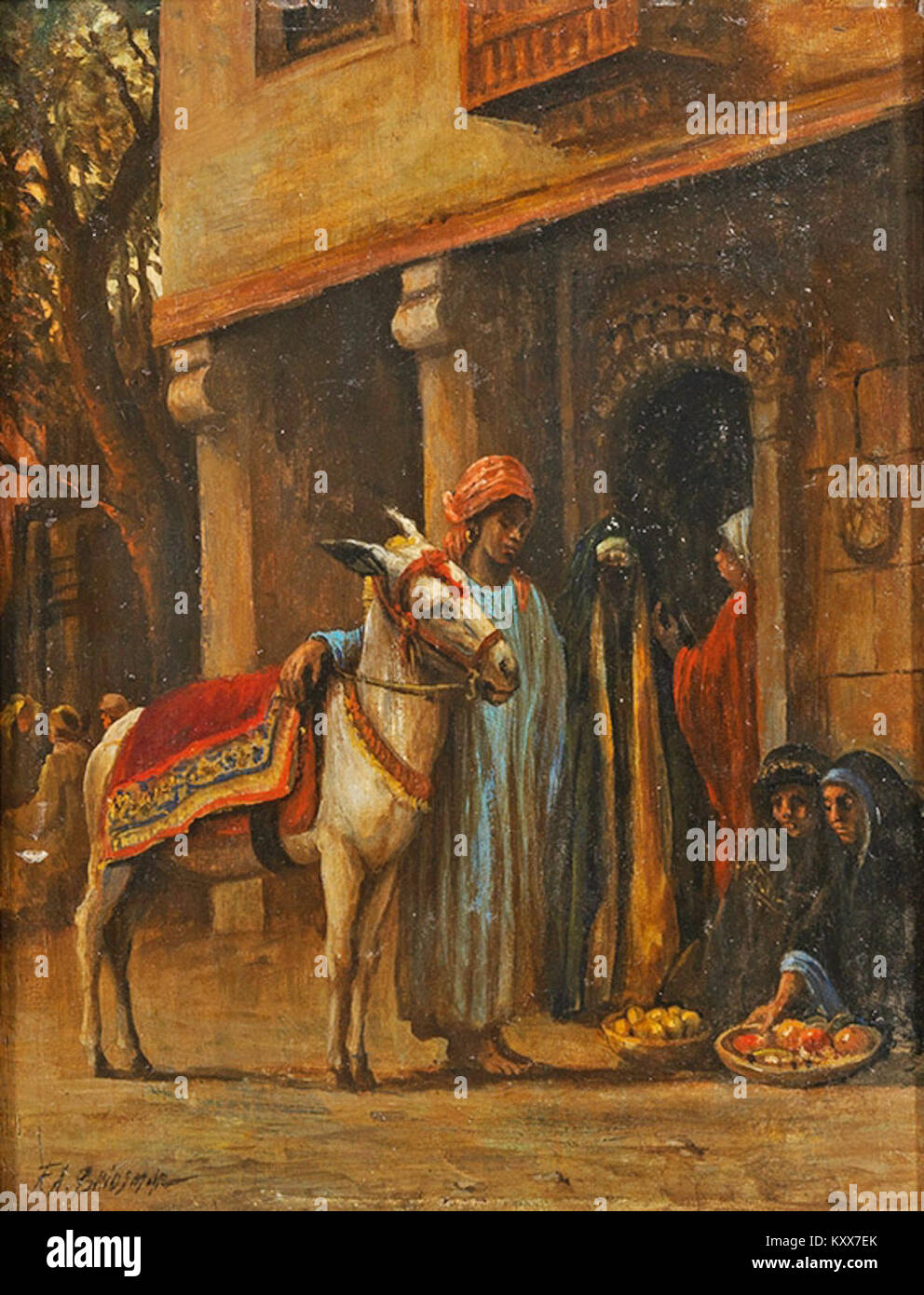 La peinture de Frederick Arthur Bridgman 'scène de rue en Algérie' met en valeur un paysage urbain dynamique, mettant en valeur l'atmosphère culturelle, l'architecture et la vie quotidienne en Algérie au XIXe siècle. Banque D'Images