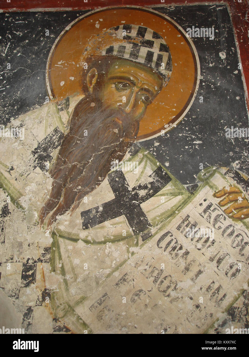 Les fresques de l'église Nicolas de Varos illustrent des thèmes religieux orthodoxes orientaux, dépeignant des figures bibliques et des histoires à travers des œuvres d'art médiévales détaillées et colorées. Banque D'Images