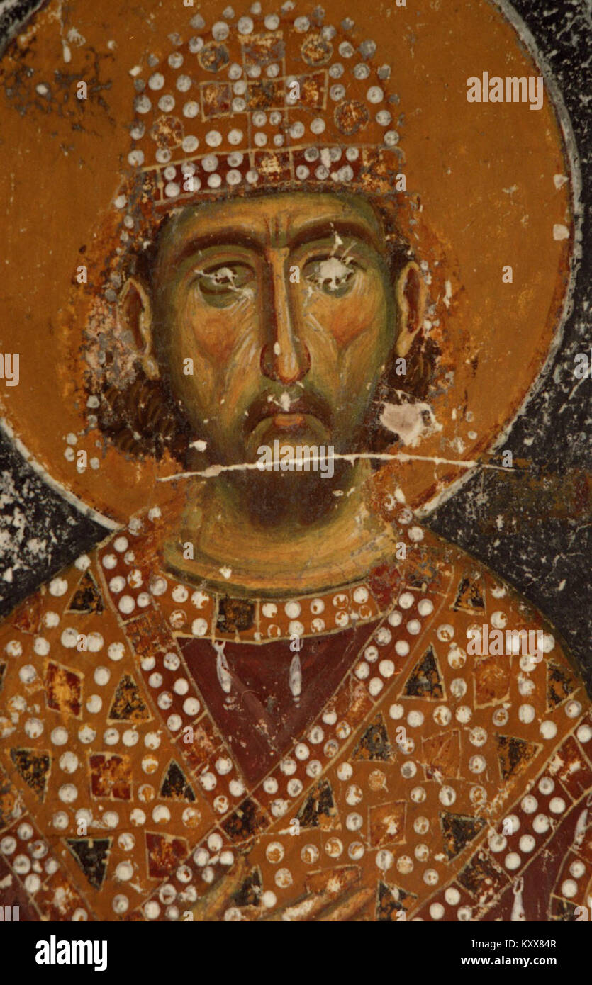 Les fresques de l'œuvre de Nicolas de Varoš représentent l'art religieux chrétien caractérisé par des éléments stylistiques byzantins et des couleurs vives, représentant des scènes sacrées à l'intérieur de l'église. Banque D'Images