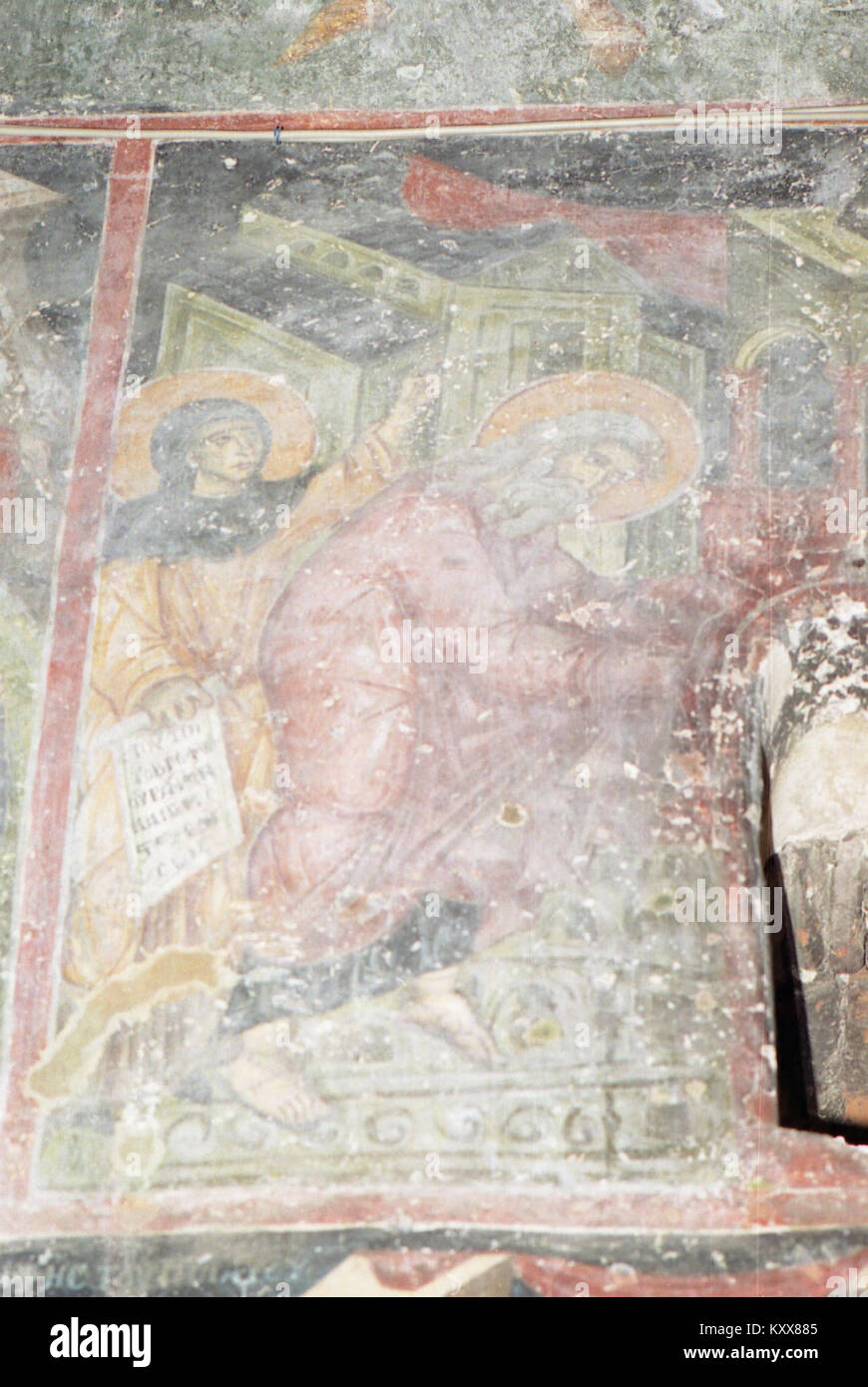 Les fresques de l'église Nicolas de Varoš représentent des scènes de la vie des saints, mêlant la dévotion religieuse aux techniques artistiques de la tradition orthodoxe orientale. Banque D'Images