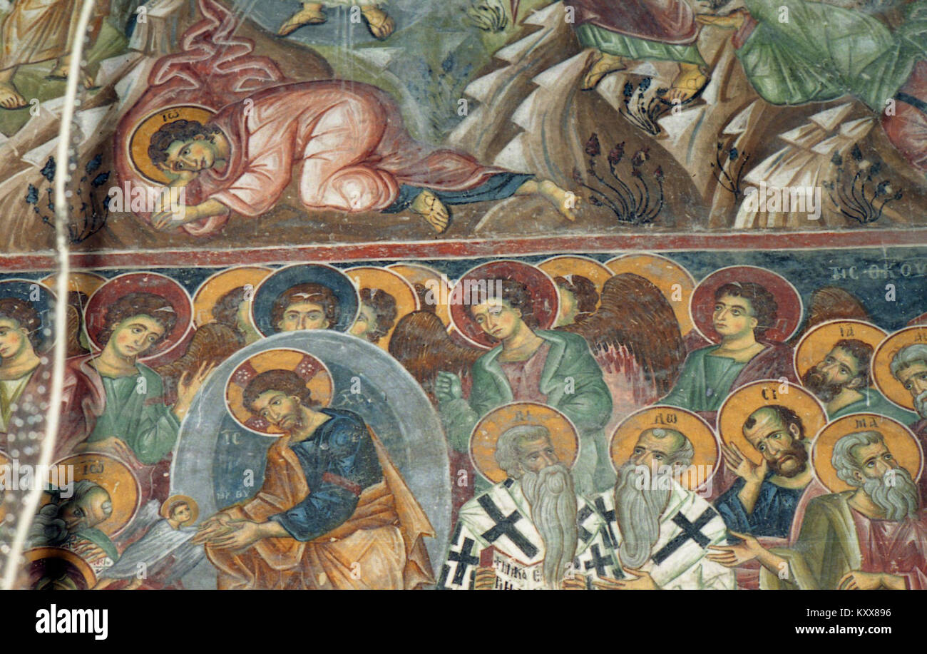 Les fresques de l'église de nouveaux Nicolas de Varoš montrent des scènes religieuses dans une tradition artistique byzantine médiévale, reflétant l'iconographie chrétienne orthodoxe orientale. Banque D'Images