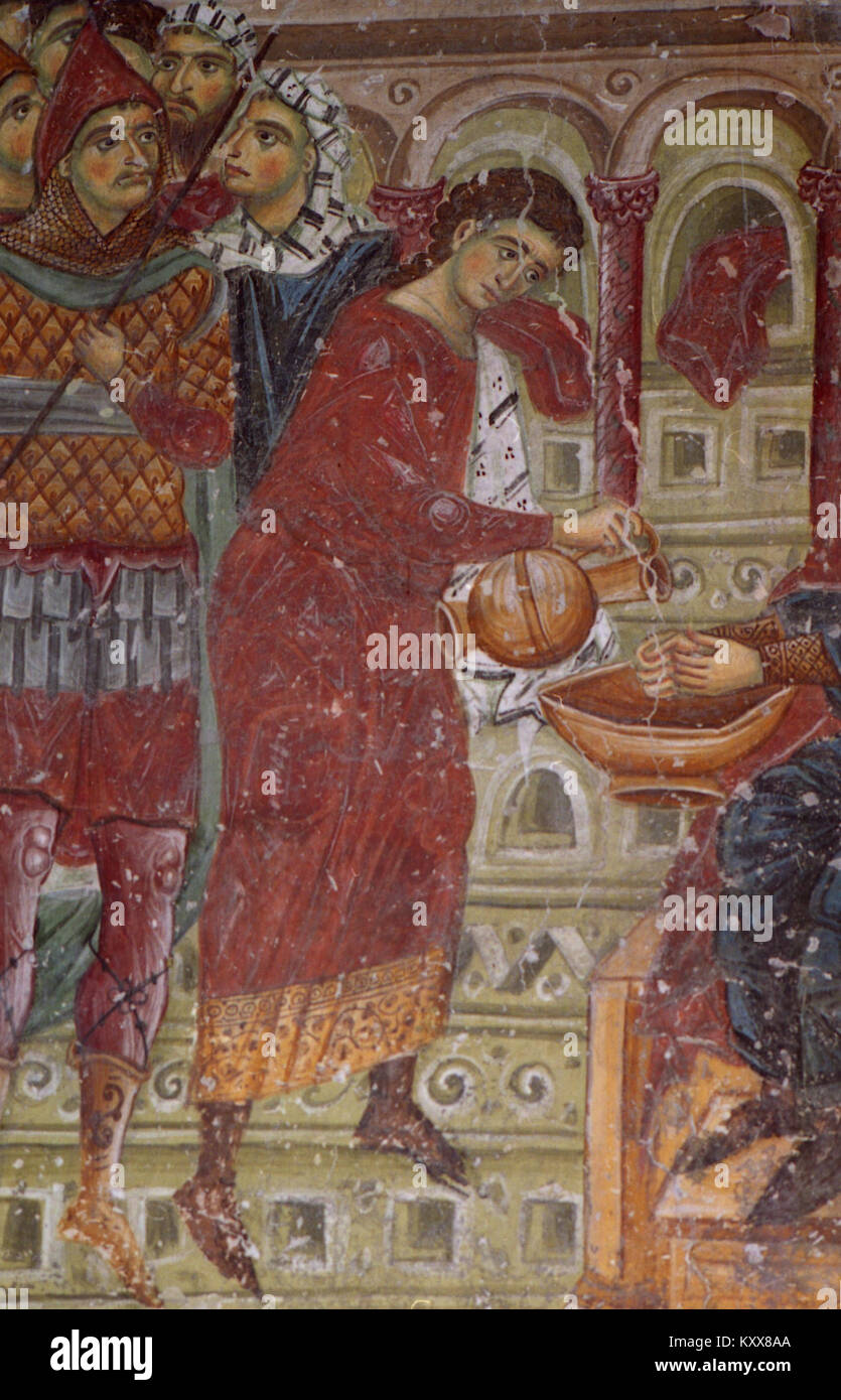 Les fresques de l'église Nicolas de Varoš présentent des images bibliques vives et des représentations de saints, contribuant à la narration visuelle de l'art religieux orthodoxe oriental dans la région. Banque D'Images