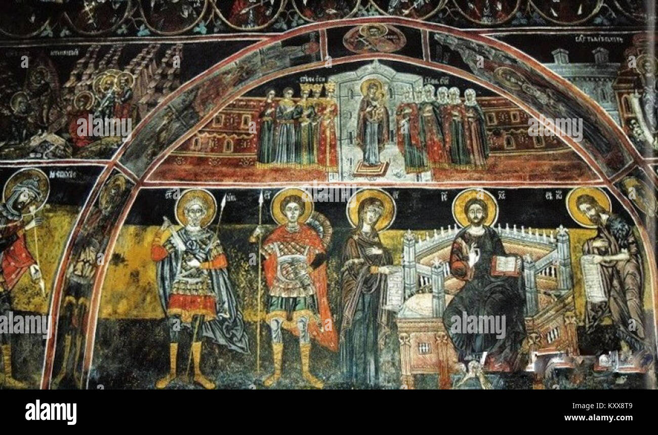 Une fresque médiévale de Slepčenski représentant Saint Nicolas, une figure importante du christianisme orthodoxe oriental, reflétant l'art religieux et la dévotion de la région. Banque D'Images