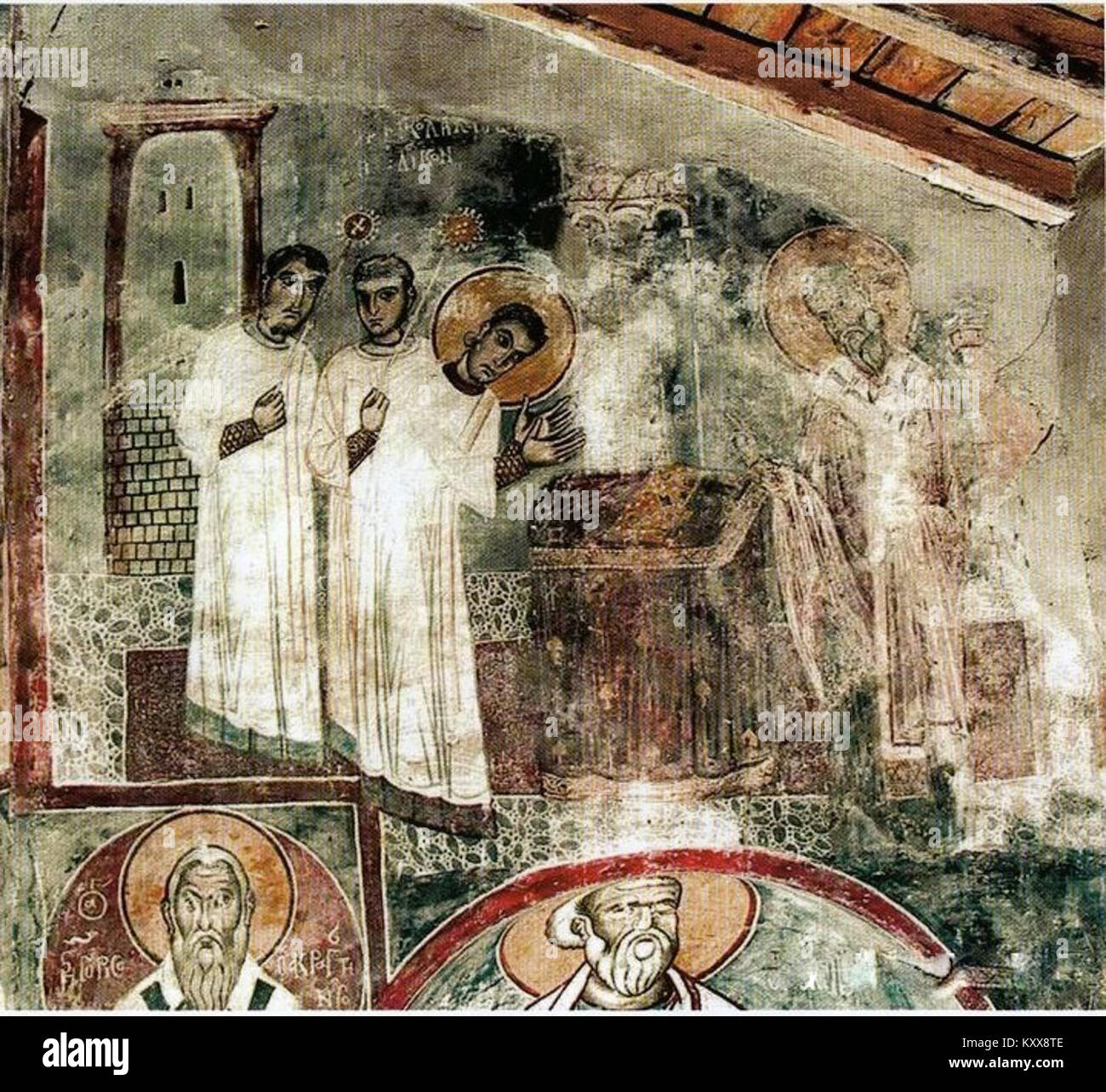 Cette fresque de l'église de créé Nikola à Slepčenski représente des scènes bibliques et des saints, caractéristiques des religieux byzantins L'œuvre reflète la vie spirituelle et culturelle de la communauté chrétienne orthodoxe de la région. Banque D'Images