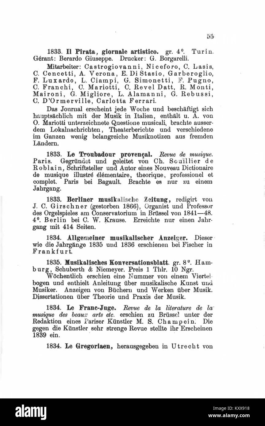 La page 055 d'une revue musicale Freystätter présente des écrits théoriques, des compositions et des discussions sur les développements historiques de la musique au XIXe siècle dans la culture musicale allemande. Banque D'Images