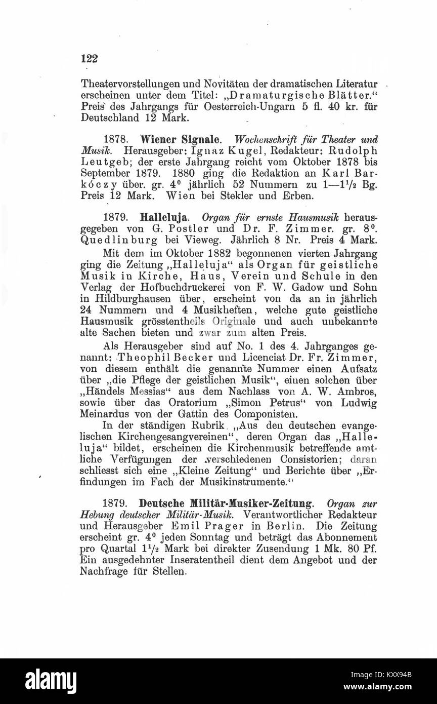 Une entrée de la page 122 des journaux musicaux de Freystätter traite des développements dans l'industrie de la musique, offrant un aperçu de la culture musicale et de l'érudition du XIXe siècle. Banque D'Images