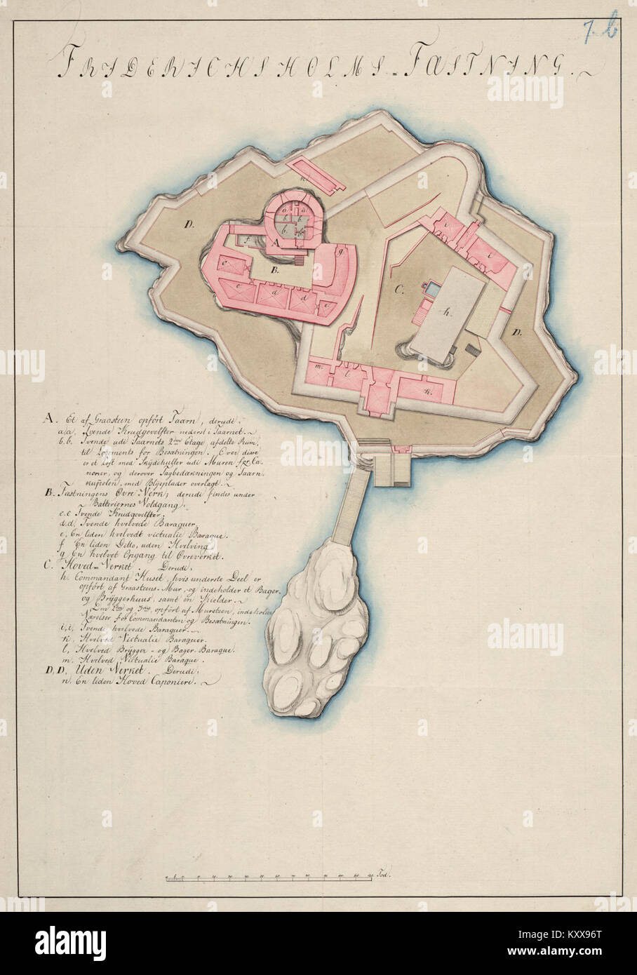 Une carte historique de la forteresse de Frederiksholm au Danemark, montrant la disposition du fort, les structures défensives et le paysage environnant dans le cadre de l’histoire militaire danoise. Banque D'Images