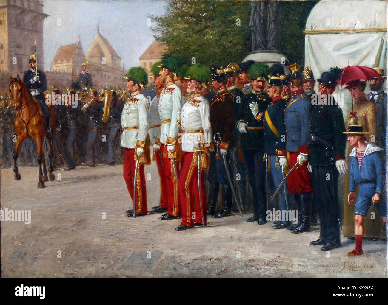 Un défilé militaire organisé à Prague en 1900 avec Salomon Emanuel Friedberg comme figure notable, représentant la présence militaire austro-hongroise et l'exposition cérémonielle dans la capitale tchèque. Banque D'Images
