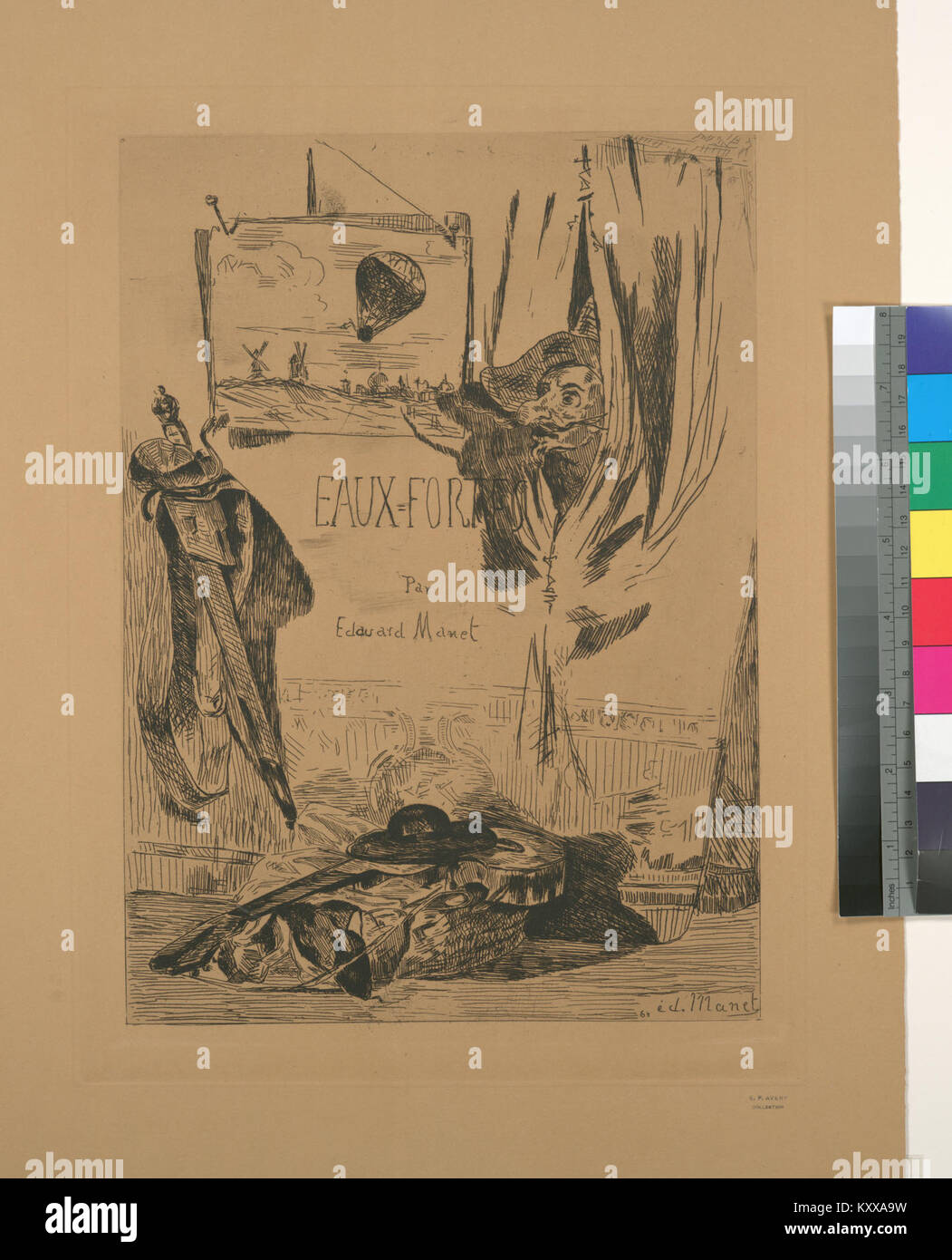 Frontispice inédit imprimé sur du papier brun, présentant une illustration décorative ou un dessin de titre, caractéristique des techniques de gravure du XIXe siècle. Banque D'Images