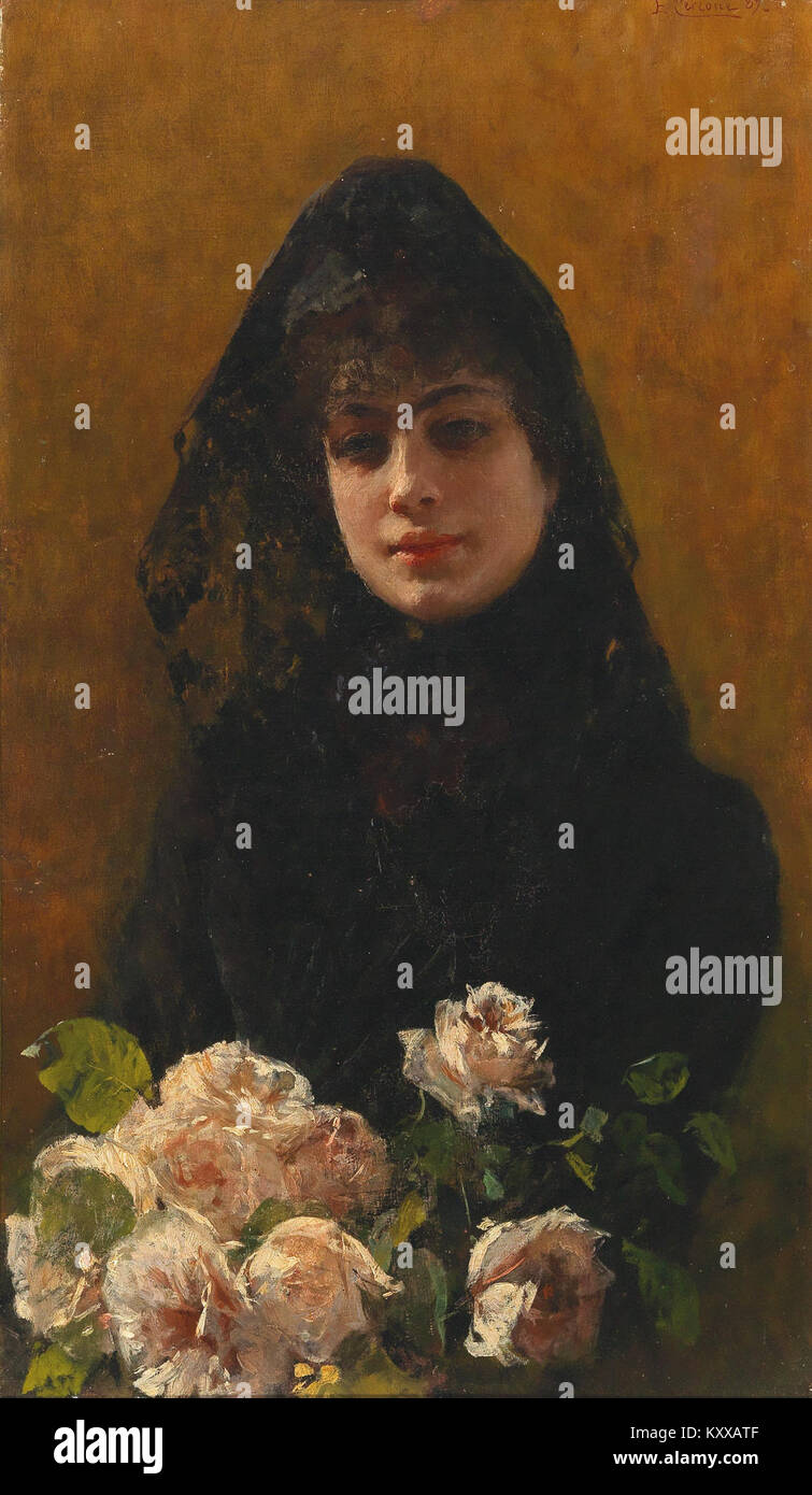 La peinture à l’huile de 1889 intitulée « Ein Blumengru » (Un bouquet de fleurs) du peintre italien Ettore Cercone représente un bouquet de fleurs méticuleusement arrangé sur un socle, rendu avec de riches contrastes de couleurs, un pinceau fin et des textures de pétales détaillées, illustrant la tradition européenne de la nature morte du XIXe siècle. Banque D'Images