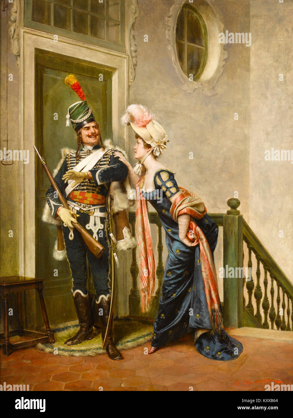 Tableau de Frédéric Soulacroix représentant un officier galant dans une tenue élégante, typique des scènes de genre romantiques du XIXe siècle. L’œuvre met en valeur le style détaillé de Soulacroix et l’accent mis sur le raffinement et la grâce sociale. Banque D'Images