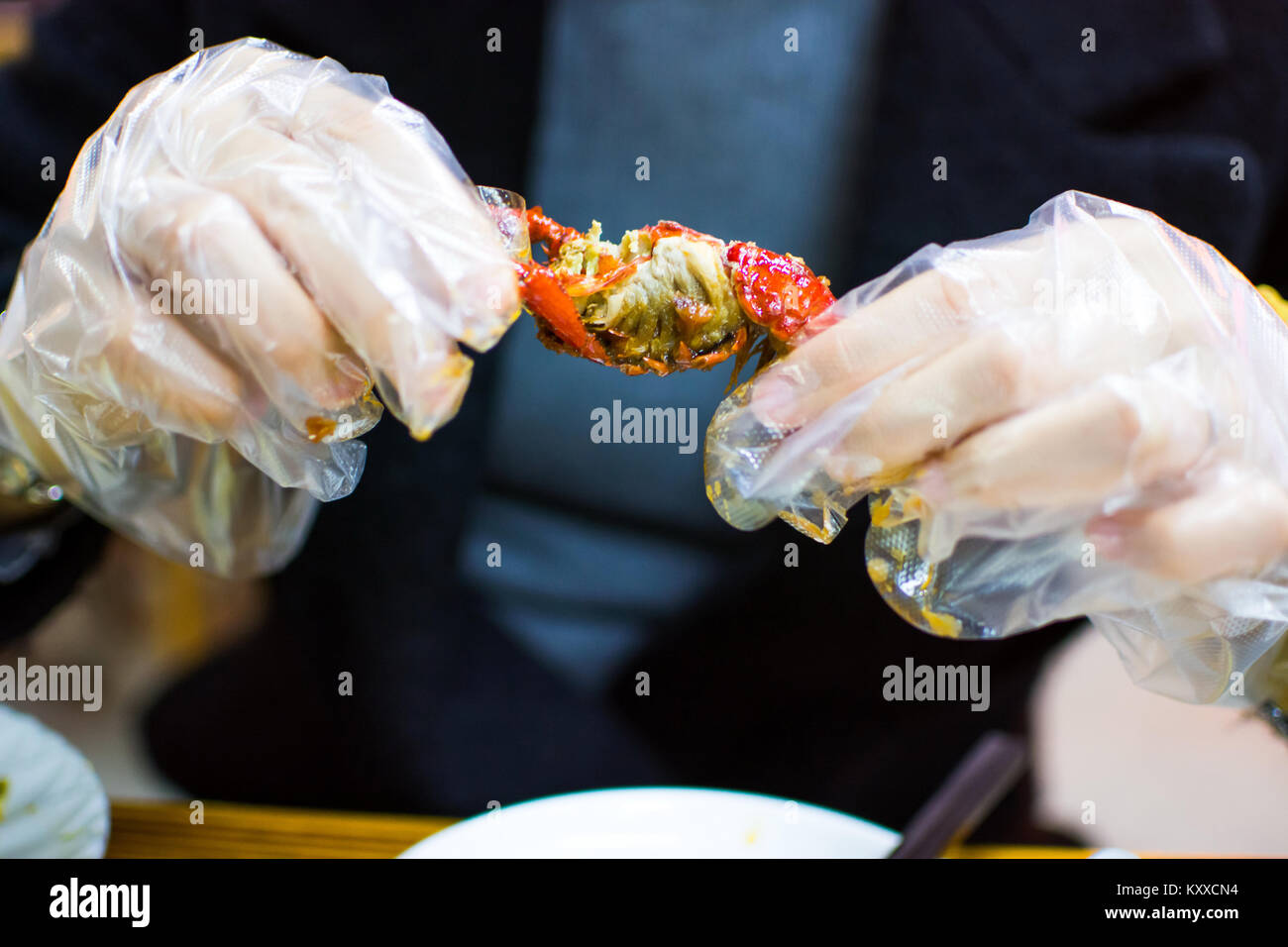Woman eating a écrevisses avec des gants en plastique close up Banque D'Images