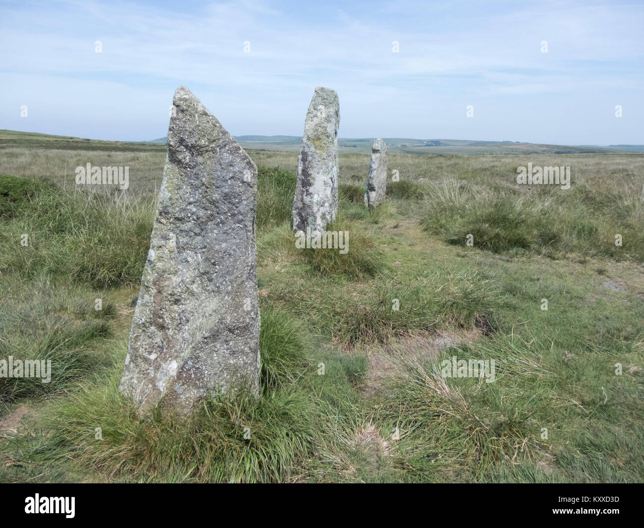 Neuf jeunes filles à l'âge du Bronze Stone Circle ou Boskednan Stone Circle, Nr Madron, Péninsule de Penwith, Cornwall, England, UK Banque D'Images