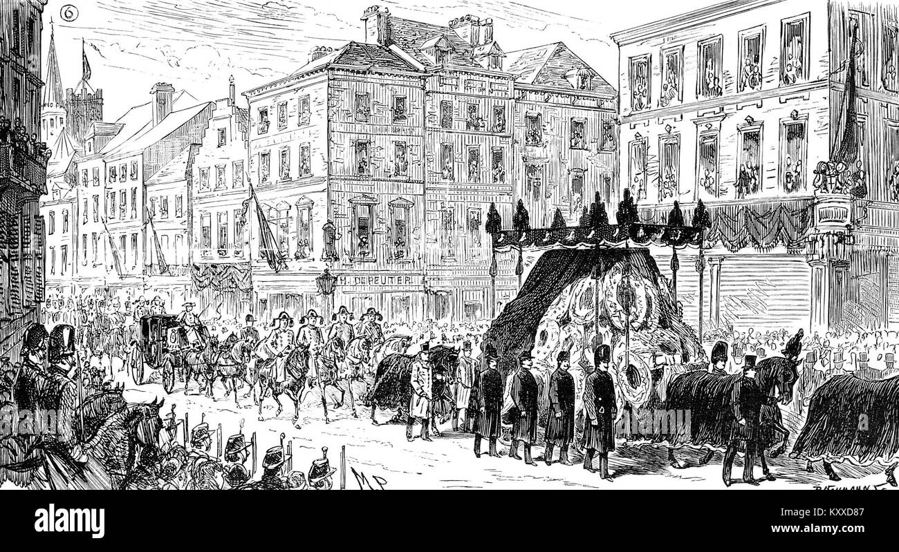 Le 29 janvier 1891, les funérailles du prince Baudouin de Belgique ont eu lieu à la collégiale des Saints Michel et Gudule à Bruxelles après sa mort d'une pneumonie le 23 janvier. Le corps a ensuite été placé dans la crypte royale de Laeken et son frère cadet Albert Ier de Belgique est devenu héritier du trône. Wikipedia+2Wikimedia Commons+2 Banque D'Images