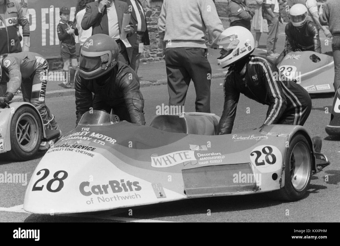 Gerrard Flynn et Richard Burgess (28) 1986 side-car, à l'île de Man TT TT races, Tourist Trophy. Banque D'Images