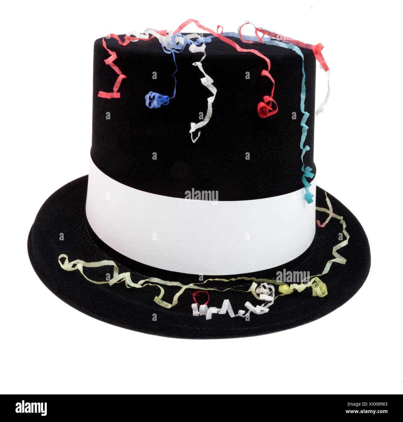 Costume top hat célébration de confettis serpentins avec copie espace vierge bande blanche. Isolées. Banque D'Images
