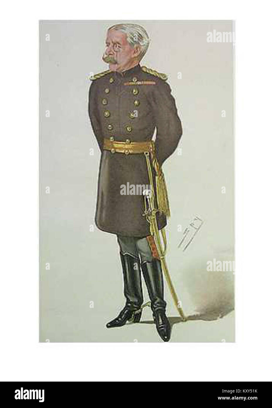 Caricature chromolithographique de George Higginson (1826-1927), dessinée pour le numéro de 1884 de Vanity Fair, représentant le soldat britannique vétéran en uniforme et illustrant le style de presse populaire et la culture de commémoration militaire de l’époque. Banque D'Images