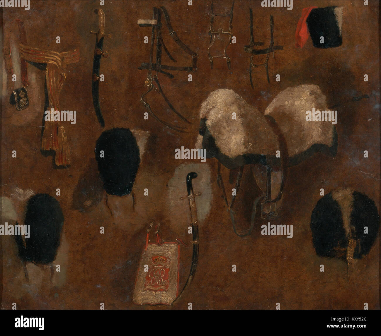 L’étude de George Jones, « Studies of Military accoutrements », sert de croquis préparatoires à sa peinture « la bataille de Waterloo », qui décrit des rendus détaillés d’uniformes, d’équipement et d’accouchements utilisés par les soldats lors de la bataille de 1815. Banque D'Images