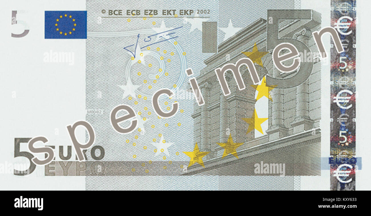 L'avers de la pièce de 5 EUR de 2002 affiche des motifs et des éléments de design européens représentant l'unité, l'économie et l'identité partagée. Il reflète les pratiques modernes de frappe et les caractéristiques symboliques de la monnaie euro. Banque D'Images