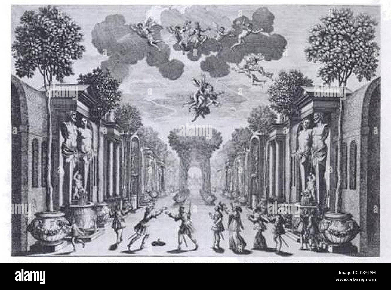 Giacomo Torelli, un scénographe italien, a créé le décor de la pièce Andromède de Corneille. Son travail a marqué un progrès significatif dans la conception de la scène baroque du XVIIe siècle et l'ingénierie théâtrale. Banque D'Images