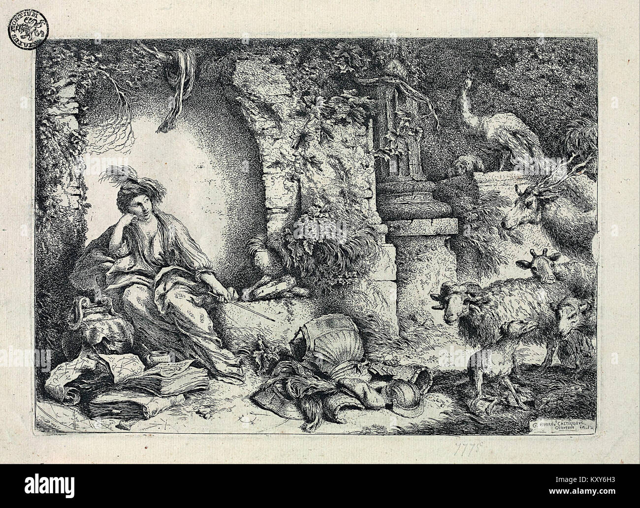 La gravure de l'artiste baroque italien Giovanni Benedetto Castiglione (c.1650-55) représente la sorcière mythologique Circé transformant les compagnons d'Odysseus en animaux, leur armure vide reposant sur le sol, mettant en évidence le thème de la métamorphose dans sa gravure. Banque D'Images